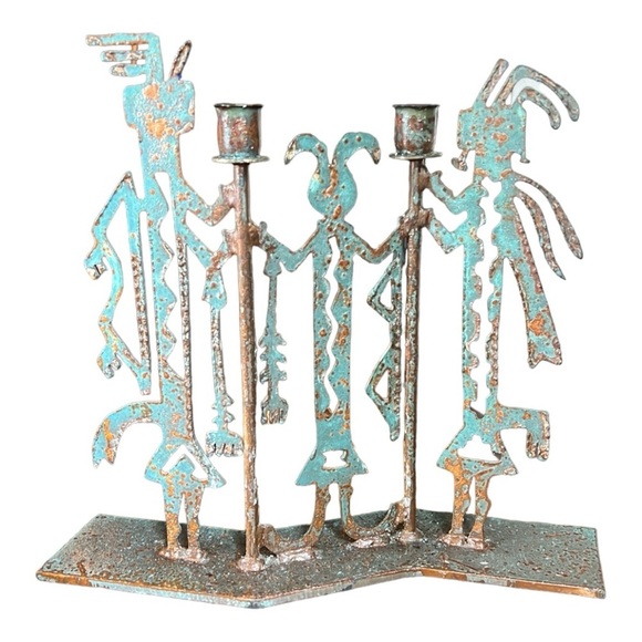 Vintage Kokopelli Iron Verdigris Double Candle Holder Native American Southwest